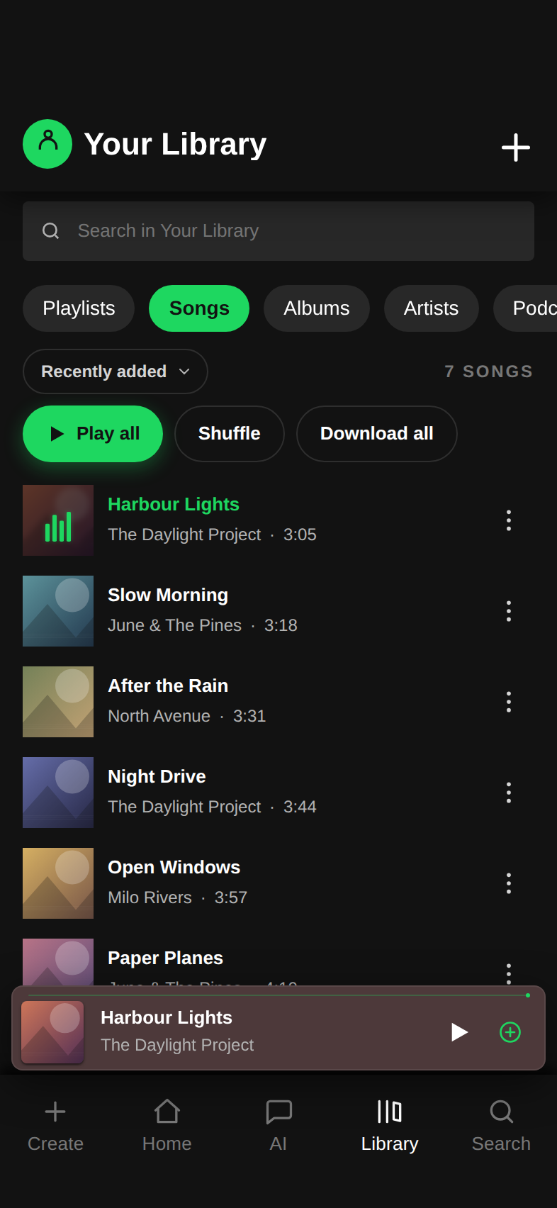 Aura music library with playlists and saved songs