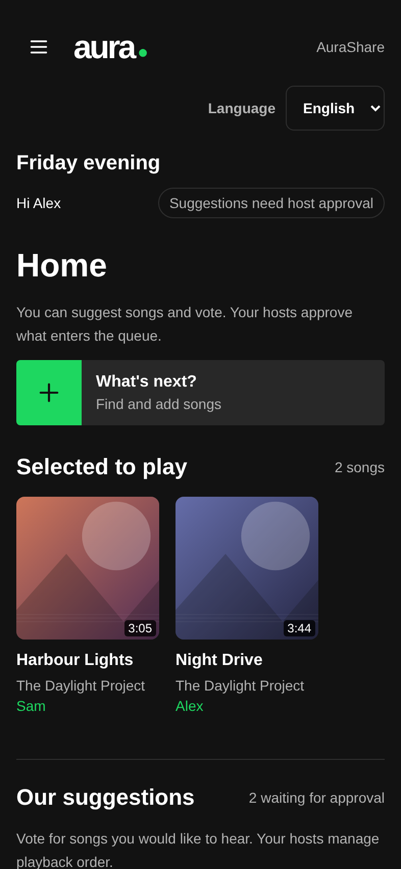 AuraShare guest view with a shared queue